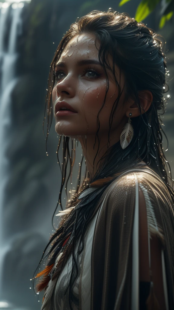 (((ultra realistic))), ((ultra-detailed face and eyes: 1.3)) ,(native girl), with very long thick hair, (feathers in hair), ((few clothes)) , ((indigenous clothing)) , slender body, (wet skin and clothes) , Near the waterfall, rain, dramatic light , contrasting, ((ultra-detailed)), ((Skin detailing)), (scene from a movie about ancient people), (Dark color scheme) 