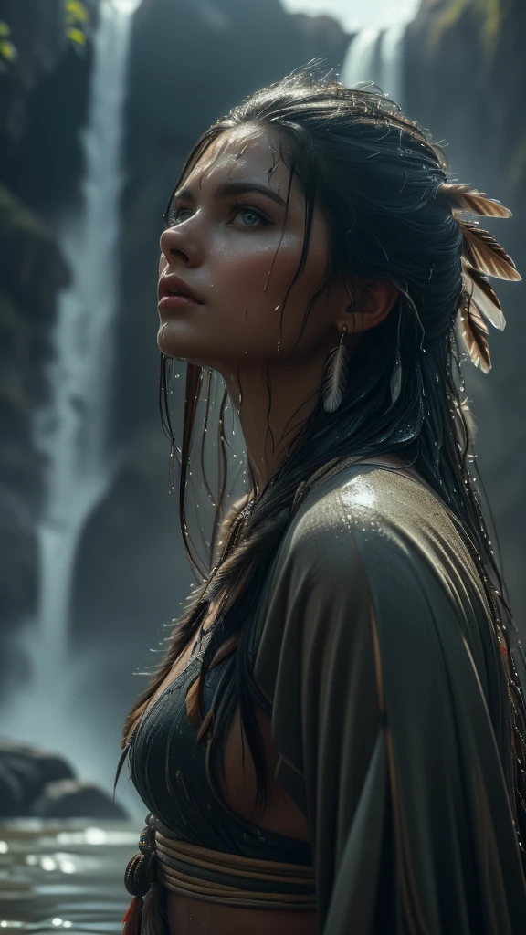 (((ultra realistic))), ((ultra-detailed face and eyes: 1.3)) ,(native girl), with very long thick hair, (feathers in hair), ((few clothes)) , ((indigenous clothing)) , slender body, (wet skin and clothes) , Near the waterfall, rain, dramatic light , contrasting, ((ultra-detailed)), ((Skin detailing)), (scene from a movie about ancient people), (Dark color scheme) 