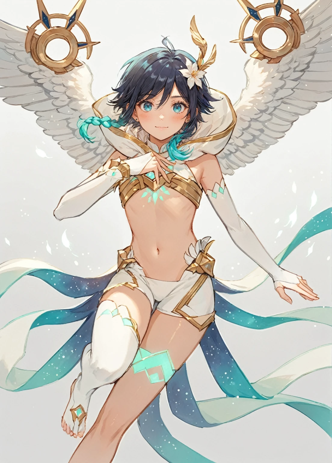 ai-generated,very aesthetic,1boy,venti_/(archon/)_/(genshin_impact/),male_focus,detailed_eyes,white feathered_wings,white halter_crop top,white shorts,hair_flower,midriff,black blue hair gradient,dsmile,((flat chest)),starry_sky,moon,starry_sky_print,((bluegreen eyes)),slender,feathers,divine,detailed_eyes,long_eyelashes,pink_lips,glossy lips,narrow_waist,dreamy anime fantasy background,raytracing,floating,light particles,dsmile,starry sky, shooting stars,celestial,intricate,(best quality,4k,8k,highres,masterpiece:1.2),twin braids