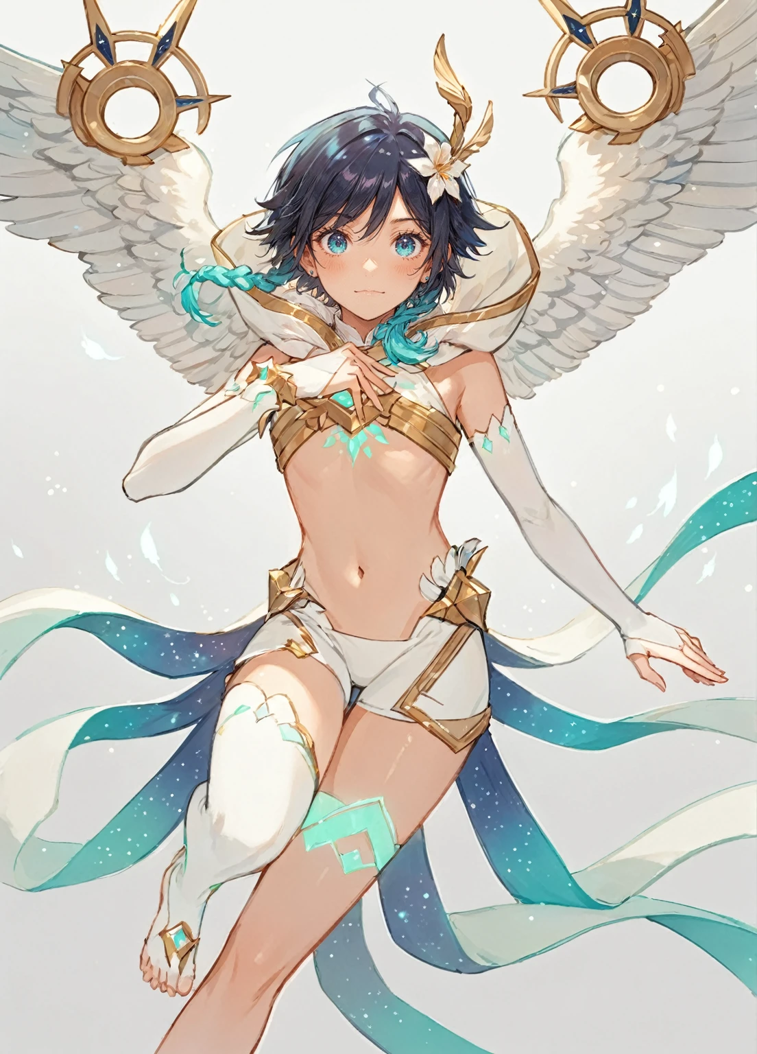 ai-generated,very aesthetic,1boy,venti_/(archon/)_/(genshin_impact/),male_focus,detailed_eyes,white feathered_wings,white halter_crop top,white shorts,hair_flower,midriff,black blue hair gradient,dsmile,((flat chest)),starry_sky,moon,starry_sky_print,((bluegreen eyes)),slender,feathers,divine,detailed_eyes,long_eyelashes,pink_lips,glossy lips,narrow_waist,dreamy anime fantasy background,raytracing,floating,light particles,dsmile,starry sky, shooting stars,celestial,intricate,(best quality,4k,8k,highres,masterpiece:1.2),twin braids