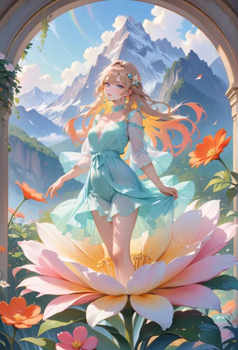 (best quality,4k,8k,highres,masterpiece:1.2),1girl,standing on giant flower,oversized_flower,on_flower,ultra-detailed,realistic:...