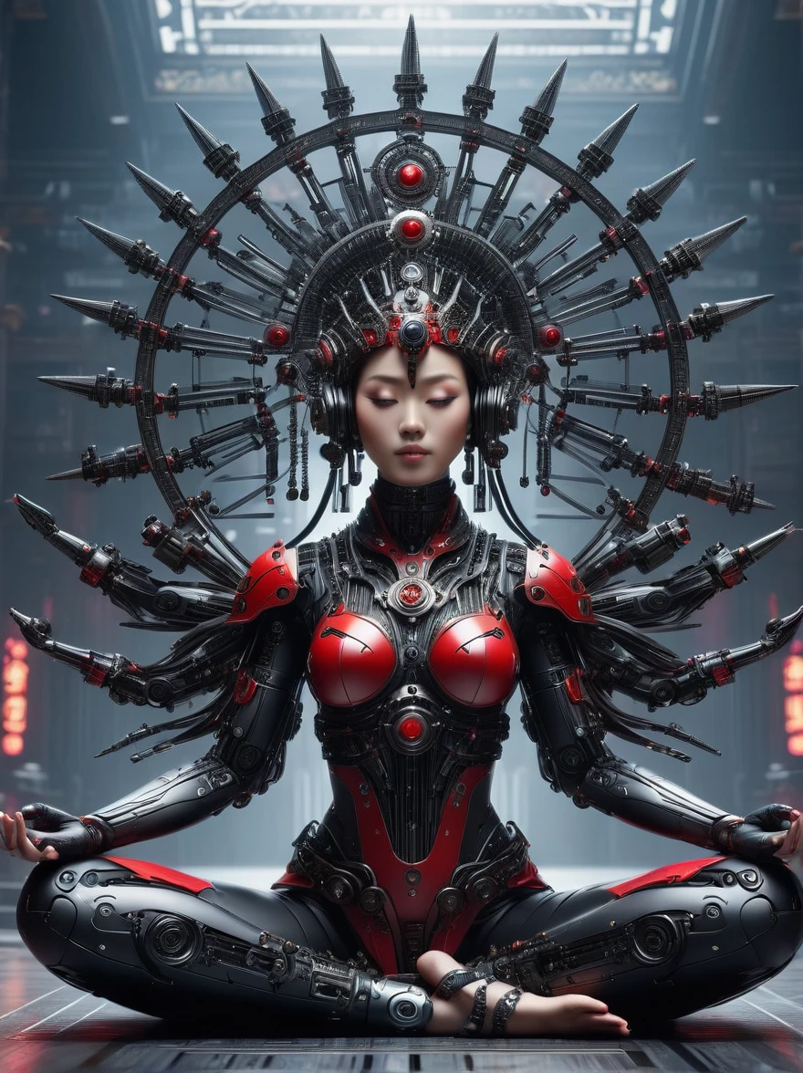 (Imagine:1.3), (full-body shot:1.5), 1 Red Cyberpunk Mechanical Girl, Many hands, meditation, Sitting cross-legged, Do meditation poses, Wearing an ornate headdress made of black metal parts, Precision mechanical body, Ultra-fine electronic components, Temple Background, Light, musical note hair ornament, Surrealism, Blind box toy styles, Futurism, Concept Art, Lightism, 神Light, symmetry, First-person perspective, Ultra wide angle, ultra HD, Anatomically correct, precise, masterpiece, The award-winning, 8k