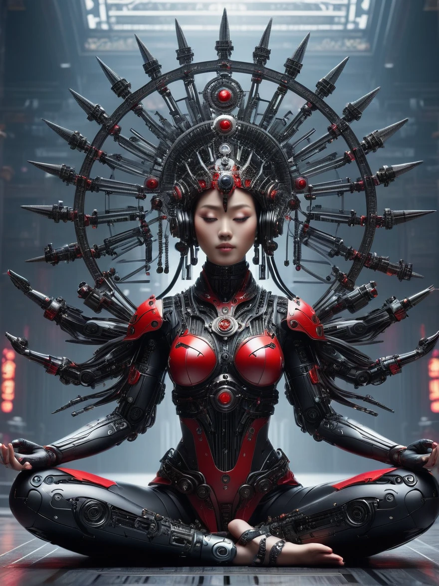 (imaginar:1.3), (tiro de cuerpo completo:1.5), 1 Red Cyberpunk Mechanical Girl, muchas manos, meditación, SENTADO CON LAS PIERNAS CRUZADAS, 做meditación姿势, Lleva un tocado adornado hecho de piezas de metal negro., Cuerpo mecánico de precisión, Componentes electrónicos ultrafinos, Fondo del templo, luz, adorno para el cabello con notas musicales, Surrealism, Estilos de juguetes de caja ciega, futurismo, Arte conceptual, 发luz主义, 神luz, simetría, perspectiva en primera persona, Ultra gran angular, ultra alta definición, anatómicamente correcto, preciso, obra maestra, El premiado, 8K