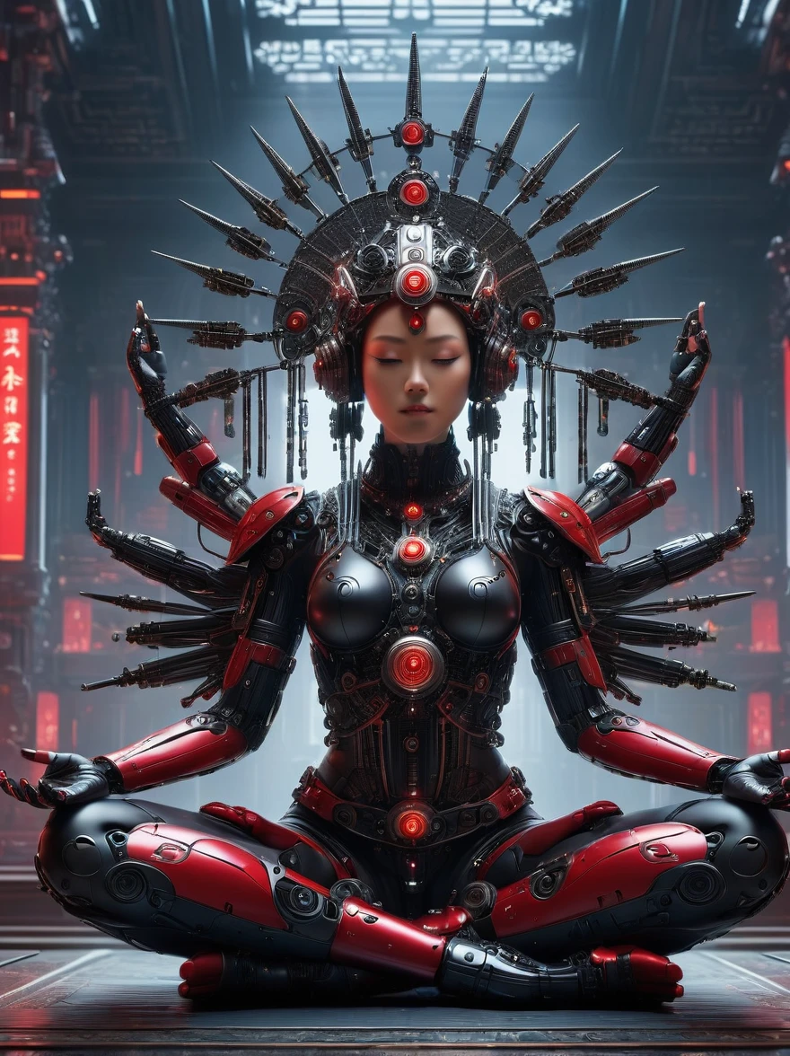 (Imagine:1.3), (full-body shot:1.5), 1 Red Cyberpunk Mechanical Girl, Many hands, meditation, Sitting cross-legged, Do meditation poses, Wearing an ornate headdress made of black metal parts, Precision mechanical body, Ultra-fine electronic components, Temple Background, Light, musical note hair ornament, Surrealism, Blind box toy styles, Futurism, Concept Art, Lightism, 神Light, symmetry, First-person perspective, Ultra wide angle, ultra HD, Anatomically correct, precise, masterpiece, The award-winning, 8k