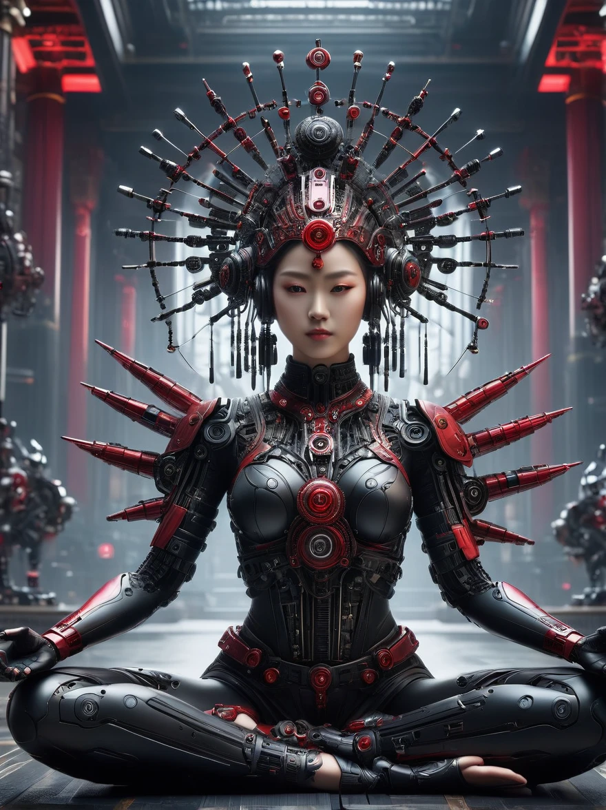 (Imagine:1.3), (full-body shot:1.5), 1 Red Cyberpunk Mechanical Girl, Many hands, meditation, Sitting cross-legged, Do meditation poses, Wearing an ornate headdress made of black metal parts, Precision mechanical body, Ultra-fine electronic components, Temple Background, Light, musical note hair ornament, Surrealism, Blind box toy styles, Futurism, Concept Art, Lightism, 神Light, symmetry, First-person perspective, Ultra wide angle, ultra HD, Anatomically correct, precise, masterpiece, The award-winning, 8k