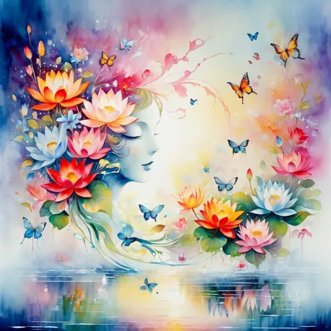 this watercolor flower painting shows an elegant and fresh visual effect。lotus flowers and butterflies entwined in the lake，form...