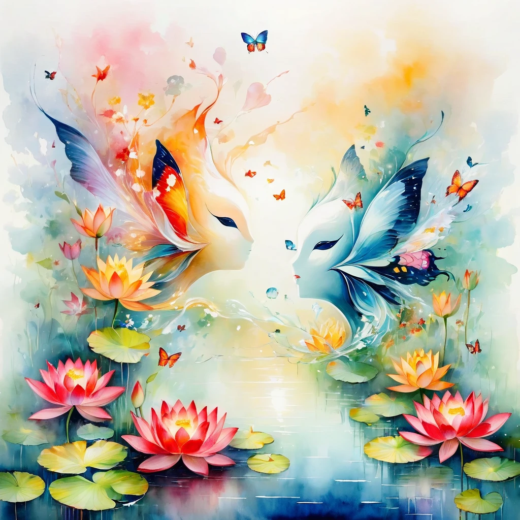 This watercolor flower painting shows an elegant and fresh visual effect。Lotus flowers and butterflies entwined in the lake，Forming the perfect combination of nature and romance。The screen is dominated by a white background，Highlight isolated watercolor flower。Splash technology recreates wet conditions，The atmosphere feels vague and dreamy。Unique compositions and abstract representations add to the artistic feel of the image，Contains elements of surrealism。The overall color tone is mainly light tones，Red and gold complement each other，Reveal details in high resolution。The paint splash effect adds a touch of agility to the image，The pale color gives the flowers a deep, restrained beauty.