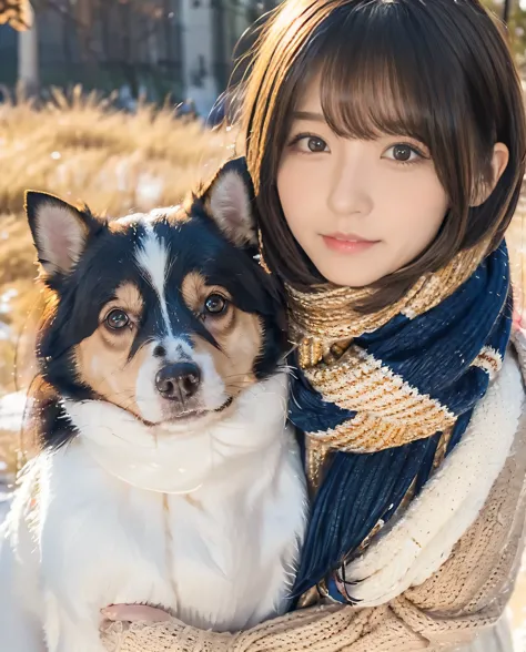 Being with a dog、Girl and dog warming themselves by a bonfire、Lens flare、Hair blowing in the wind、Medium Short Hair、Fluffy scarf...