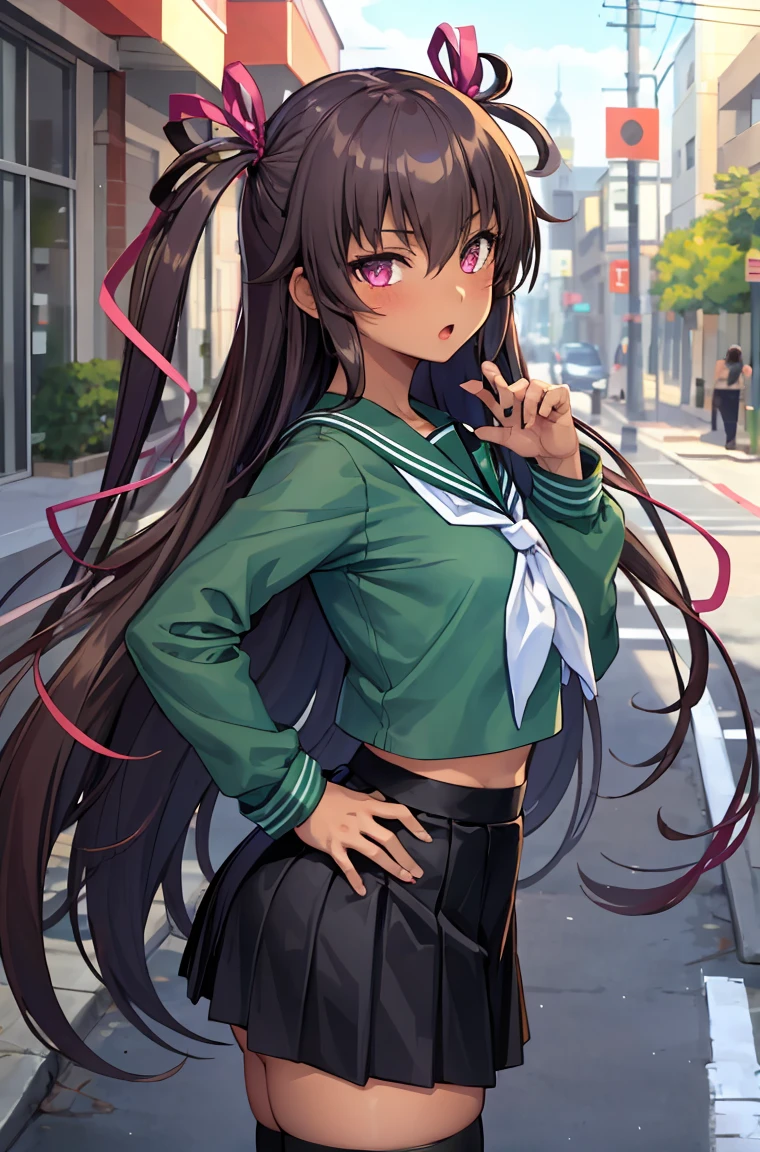 (masterpiece,best quality, detailed), 1girl, solo, outdoors, day, street, hand on hip, :o, from side, looking at viewer,
mizuki yukikaze, hair ribbon, , green shirt, serafuku, pleated skirt, black skirt, black thighhighs, (white neckerchief), long sleeves, 