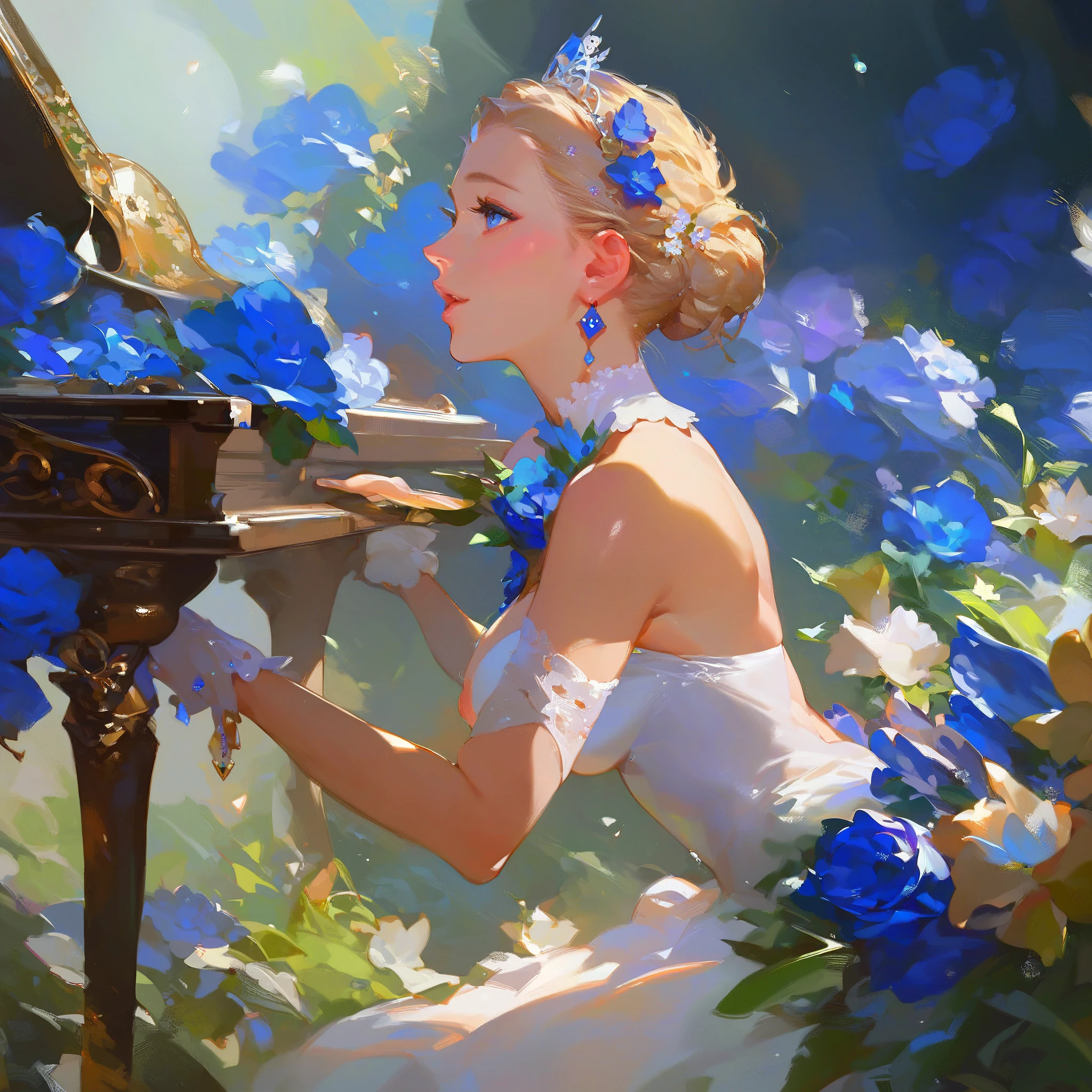 (score_9,score_8_up,score_7_up,) woman in fancy dress leaning over an upright grand piano at dusk with flowers around, 1girl, dress, solo, instrument, flower, high heels, sitting, tiara, white dress, blue eyes, blue flower, blonde hair, hair bun, Expressiveh, negative_hand, [[gwentstyle]], moon
