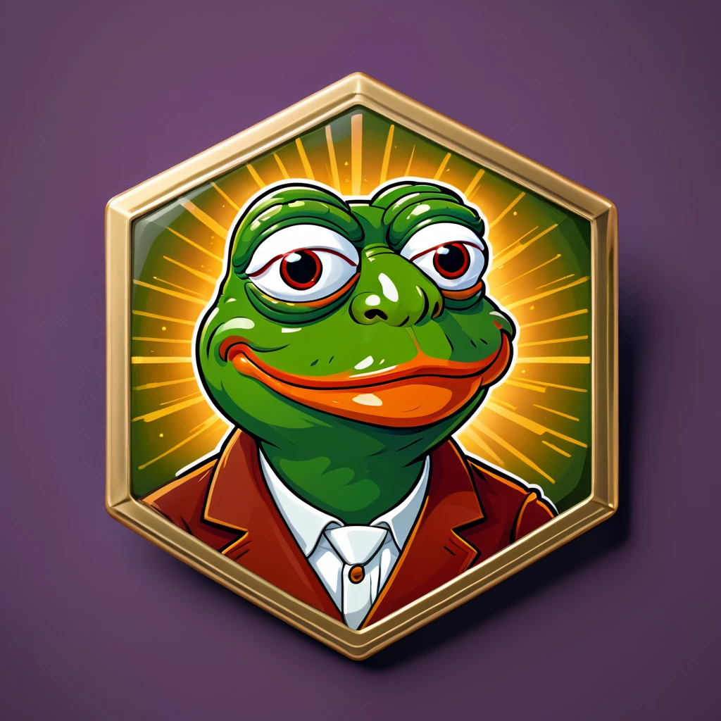 a hexagonal badge of a pepe from mem pepe, humor style, vector, best quality, metal lining