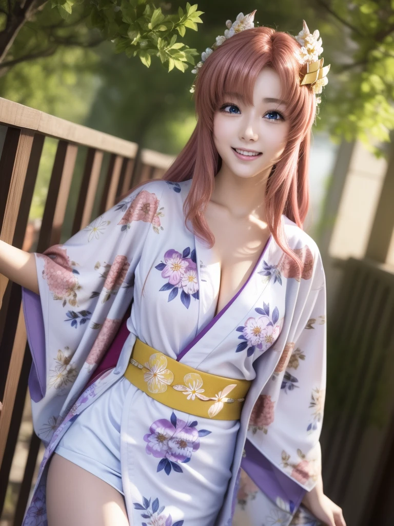 lacusclyne, lacus clyne, (purple eyes:1.1), hair ornament, long hair, wave hair ornament, (pink hair), smile, open mouth,
BREAK (floral printed kimono:1.5),
BREAK 1girl, 20 years old, Generous Breasts:1.2, Plump shape, 
BREAK looking at viewer, (cowboy shot:1.5),
BREAK outdoors, space, star \(sky\), sun, 
BREAK (Highest quality、4K、8K, masterpiece:1.3), Ultra detailed face, Detailed lips, Detailed eyes, double eyelid, BREAK, (Encouraging smile:1.3), (Seductive pose:1.5), (dynamic pose:1.3), dynamic angle, BREAK, 