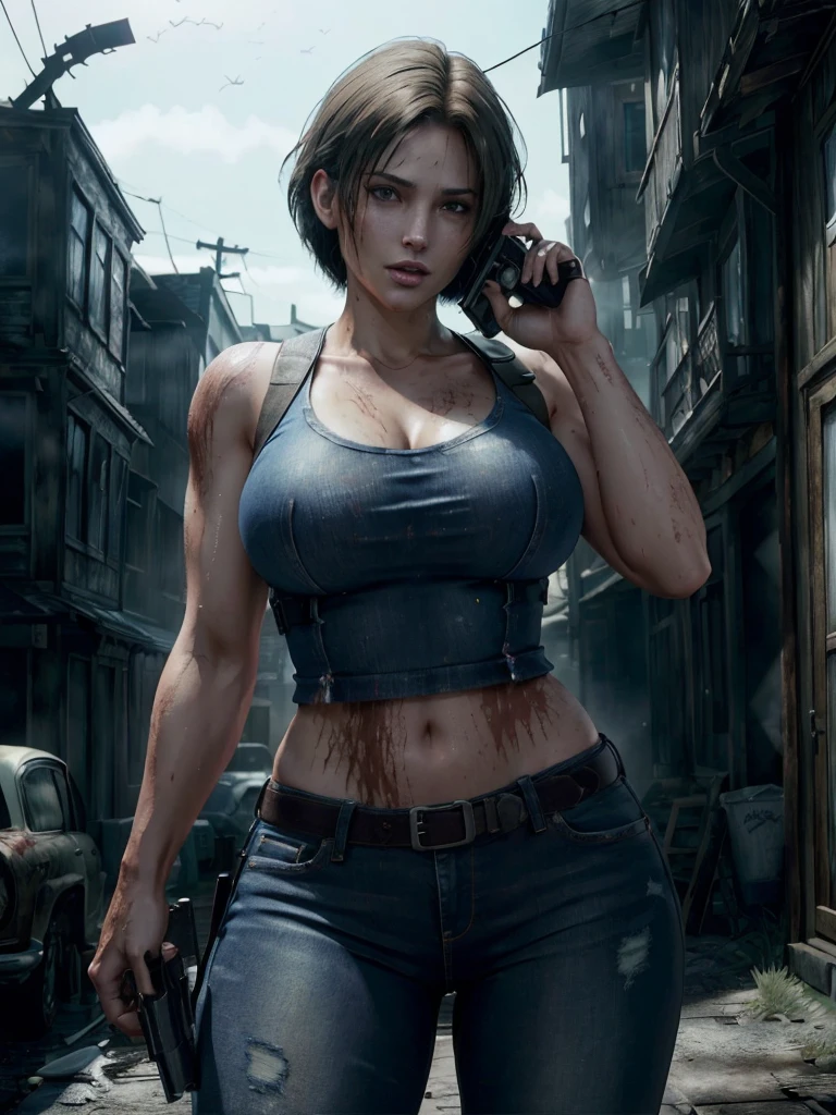 ((melhor qualidade)), ((obra de arte)), (Muito detalhado: 1.3) Jill Valentim, olhos 4k ultra detalhados e belos,  cabelo curto,  com seios enormes e cauda grande coxas encantadoras com uma arma Top azul, jeans, Resident Evil,  fundo de apocalipse zumbi