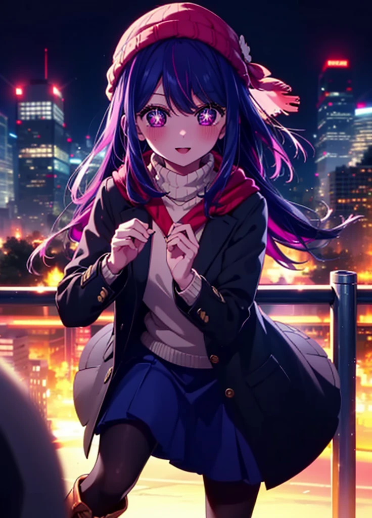 aihoshino, Ai Hoshino, Long Hair, bangs, (Purple eyes:1.1), Purple Hair, (Symbol-shaped pupil:1.5), smile,smile,blush,Open your mouth,Knitted hat,Black-rimmed glasses,Purple long coat,V-neck sweater,Long skirt,Black pantyhose,short boots,Red muffler,It&#39;s snowing,Snow is falling,Walking,whole bodyがイラストに入るように, evening,sunset,The sun is setting,
break outdoors, Building district,
break looking at viewer, whole body,
break (masterpiece:1.2), Highest quality, High resolution, unity 8k wallpaper, (figure:0.8), (Beautiful attention to detail:1.6), Highly detailed face, Perfect lighting, Highly detailed CG, (Perfect hands, Perfect Anatomy),