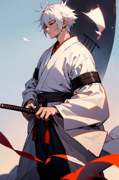 Young Adult, male, samurai Clothing, Standing pose, Town background. white hair, samurai armor