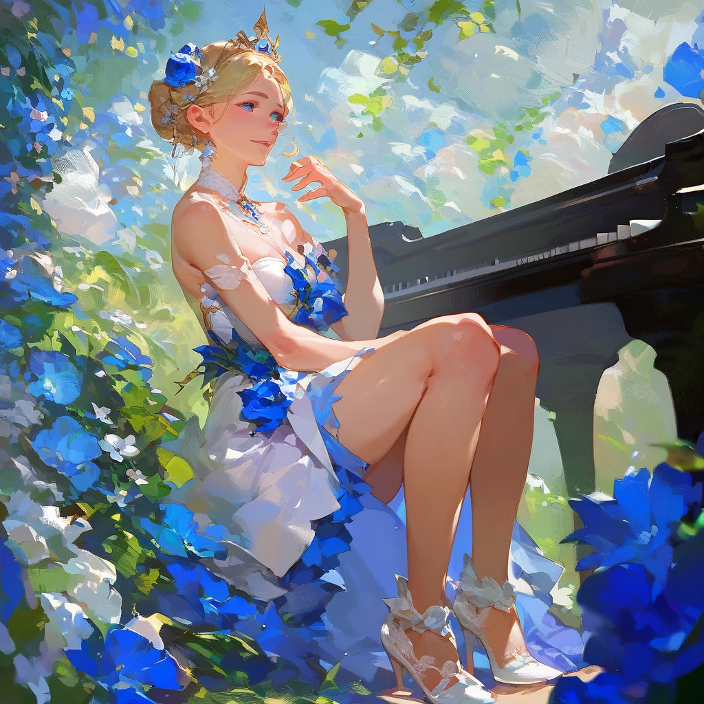 (score_9,score_8_up,score_7_up,) woman in fancy dress leaning over an upright grand piano at dusk with flowers around, 1girl, dress, solo, instrument, flower, high heels, sitting, tiara, white dress, blue eyes, blue flower, blonde hair, hair bun, Expressiveh, negative_hand, [[gwentstyle]], moon
