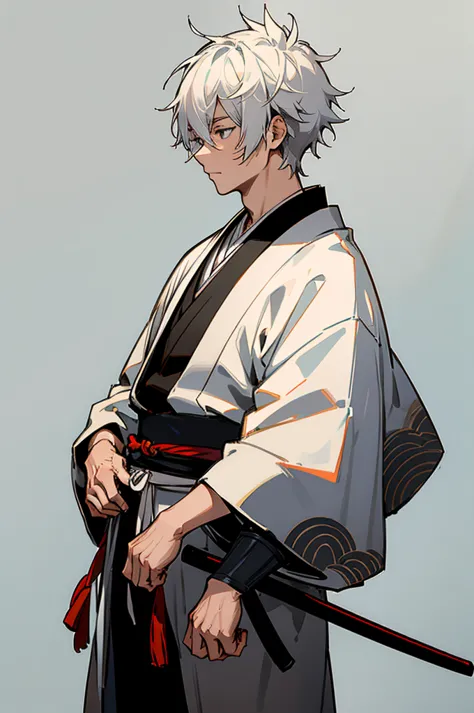 Young Adult, male, samurai Clothing, Standing pose, Town background. white hair, samurai armor