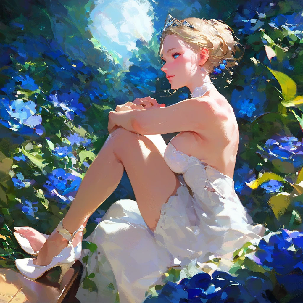 (score_9,score_8_up,score_7_up,) woman in fancy dress leaning over an upright grand piano at dusk with flowers around, 1girl, dress, solo, instrument, flower, high heels, sitting, tiara, white dress, blue eyes, blue flower, blonde hair, hair bun, Expressiveh, negative_hand, [[gwentstyle]], moon
