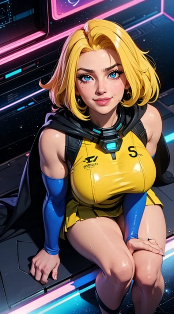 Digital painting of a woman with royal blue and yellow hair, super hero, muscle girl, pose, fist up, ((from above)), 1knee up, Behance Contest Winner, Afrofuturism, Synthwave, neon, glowing neon, sagging massive breasts, mini skirt, cape, sweat, glossy silky skin, smile,  in space, 