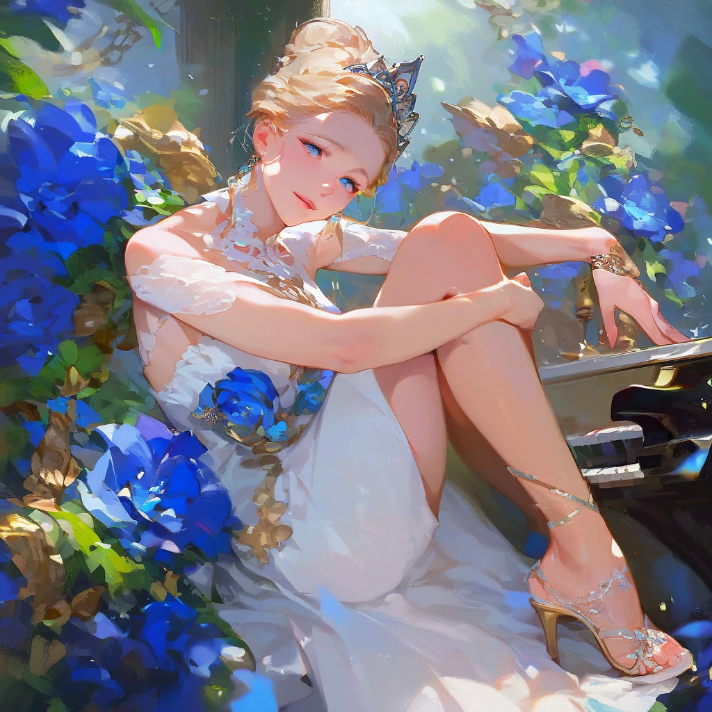 (score_9,score_8_up,score_7_up,) woman in fancy dress leaning over an upright grand piano at dusk with flowers around, 1girl, dress, solo, instrument, flower, high heels, sitting, tiara, white dress, blue eyes, blue flower, blonde hair, hair bun, Expressiveh, negative_hand, [[gwentstyle]], moon
