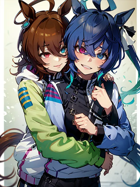 (​top-quality、hight resolution), Create an image of LoRa①'s character and LoRa②'s character embracing each other warmly. The sce...