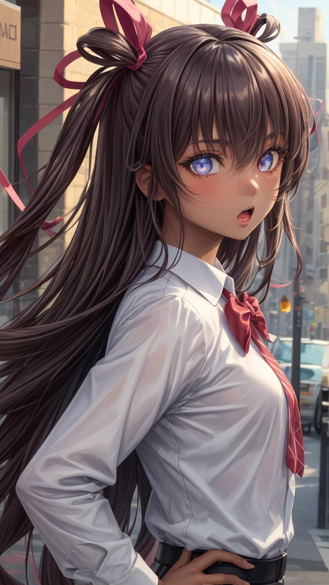 mizuki yukikaze, hair ribbon,
BREAK (((bow, Red_bow,collaRed_shirt,shirt, white_shirt))), 
BREAK outdoors, day, street, hand on hip, :o, from side, looking at viewer,
BREAK (art: 1.2), best quality, high resolution, 8k unitary, (illustration: 0.8), (beautiful detailed eyes: 1.6), extremely detailed face, perfect lighting, extremely detailed in CG, (perfect hands, perfect anatomy),