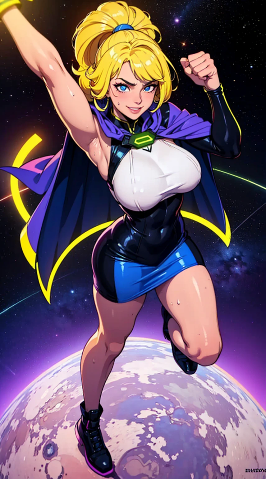 Digital painting of a woman with royal blue and yellow hair, super hero, muscle girl, pose, fist up, ((from above)), 1knee up, Behance Contest Winner, Afrofuturism, Synthwave, neon, glowing neon, sagging massive breasts, mini skirt, cape, sweat, glossy silky skin, smile,  in space, 