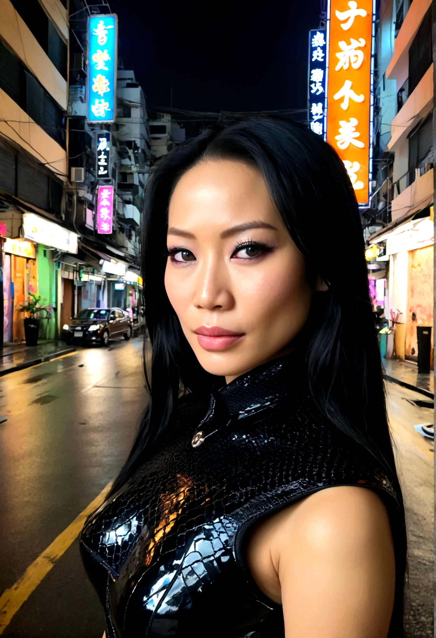 a 25 year old Lucy Liu, beautiful detailed eyes, beautiful detailed lips, extremely detailed eyes and face, long eyelashes, undercover cop, walking the streets of Bangkok at night, checking the conditions of the working girls, provocative outfit, cinematic lighting, cyberpunk, neon lights, rainy night, gritty atmosphere, hyper-detailed, photorealistic, 4k, best quality, masterpiece