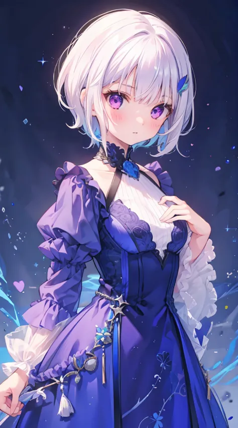 1 girl, short hair, white hair, purple eyes, blue dress, portrait.