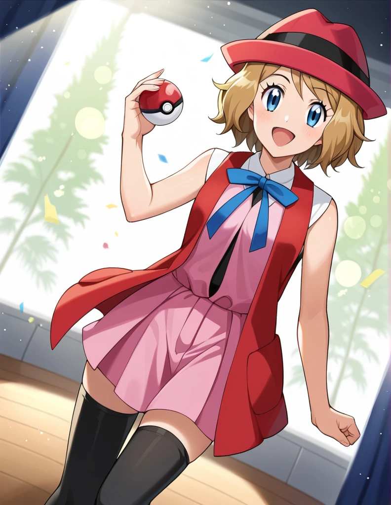 score_9, score_8_up, score_7_up, source_anime, rating_safe, BREAK serena \(pokemon\), 1girl, blue eyes, eyelashes, short hair, blonde hair, hat, neck ribbon, blue ribbon, pink shirt, sleeveless, bare arms, red jacket, pink skirt, black thighhighs, dutch angle, hand up, smile, happy, open mouth, holding poke ball, light particles, light rays, dutch angle, aura, backlighting, confetti, light particles, light rays, stage, stage lights, spot light