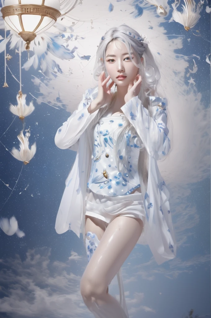 masterpiece,best quality,official art,extremelydetailed cg 8k wallpaper,SurrealismA mature face(realistic: 1.3) (mixed Korean),(Kpop idol), (Peacock:1.3)(Black background, night, starry sky, shooting stars across the sky:1.5)sitCrossed legs, sitting on chair, crossed legs, (white hair:1.6),
((only water)), Clear and turquoise sky, Water as smooth as a mirror, petal, There are clouds where water and sky connect, (Colorful clouds), depth of field, beautiful detailed sky,
Cyan sky, beautiful detailed cloud, beautiful detailed water, reflection pool, dynamic angle, floating, finely detail, (bloom), (shine), glinting stars,  feather,nature,(sunlight), fairyland
(1girl, solo:1.5),(Eye contact:1.2)(white hair:1.1)( absurdly long hair:1.5), hair accessories, (full body:1.7), (Slim body:1.1)(long legs:1.3),
Blue and white Hanfu with flowing sleevesnecklace,Chinese style clothes,Chinese Han clothing,(flying petals),upper body,arms behind back,
(detailed ice),crystalstexture skin,cold expression,white hair,long hair,messy hair,blue eye, looking at viewer, extremely delicate and beautiful,water,((beauty detailed eye)),highly detailed,cinematic lighting,((beautiful face)), fine water surface,(original figure painting),ultra-detailed,incredibly detailed,(an extremely delicate and beautiful), beautiful detailed eyes.
Background: Chinese architecture flower and bird Tower beautiful lake(best quality)   miniature   bonsai
A shot with tension(Visual impact,giving the poster a dynamic and visually striking appearance:1.2),Chinese Zen style,impactful picture,  