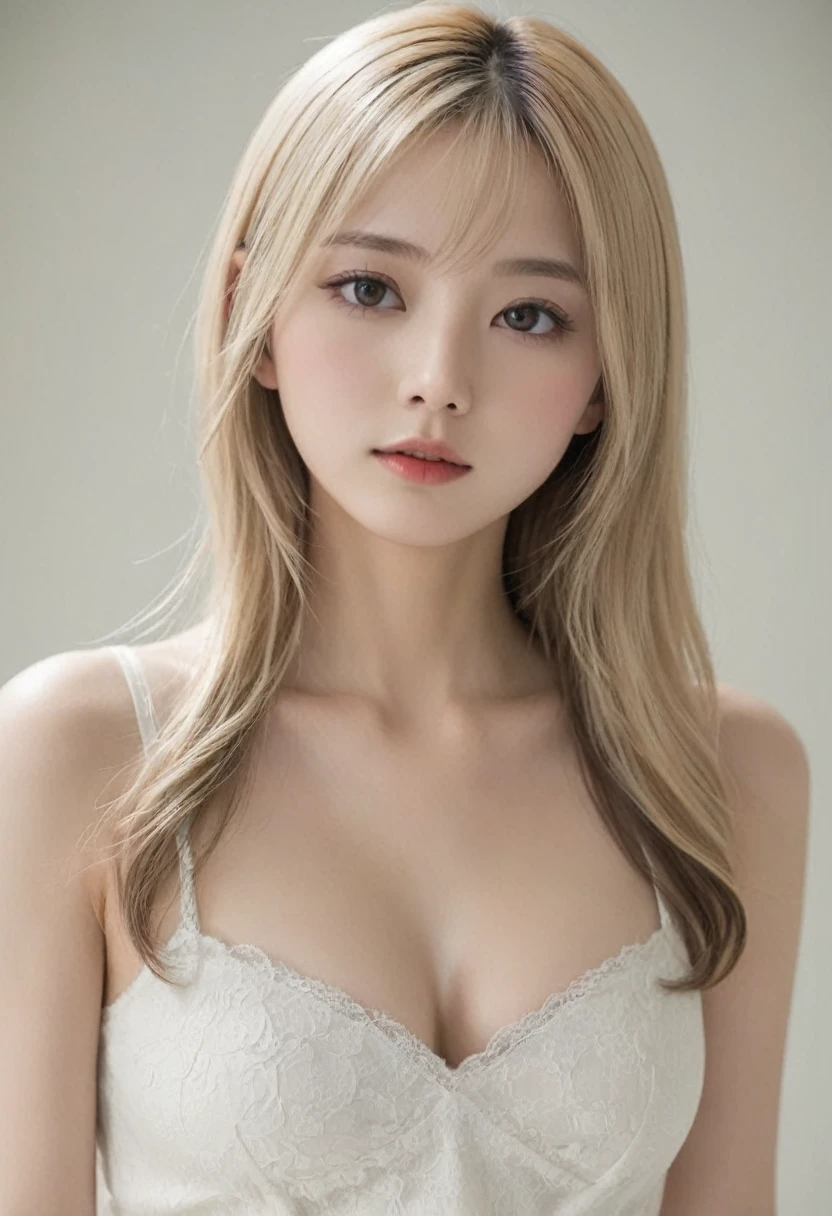 （（（European Caucasian Woman）））、（（（Mary, 1）））、one person、（Thin contours、grey Eye）、（Thin contours）、（Big Breasts:1.5）、Narrow waist、（（（White and translucent skin:1.3）））、Beautiful, shiny blonde medium-long hair、8-head-tall model style、Waist-down angle、Tokyo city、Full body focus