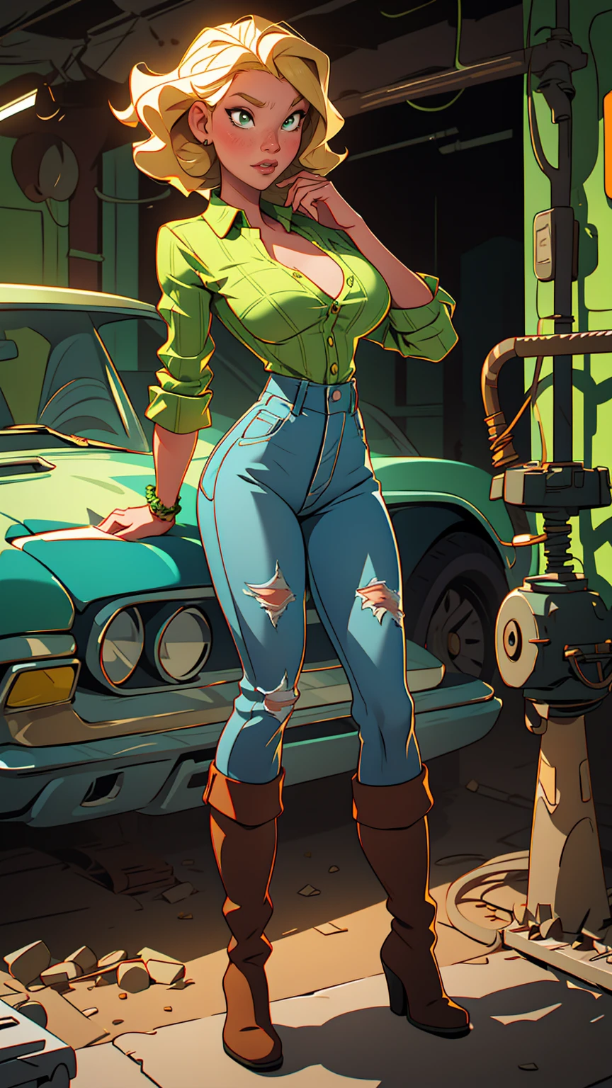 1 woman, blonde woman, curly hair , green eyes , Sly face , Green plaid shirt , big breasts, cowboy jeans, Long legs ,  stretch , boots , abandoned factory,