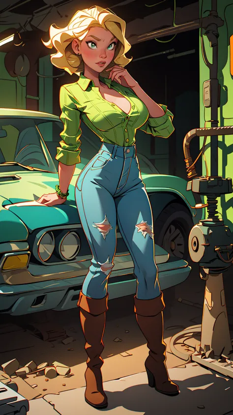 1 woman, blonde woman, curly hair , green eyes , Sly face , Green plaid shirt , big breasts, cowboy jeans, Long legs ,  stretch ...