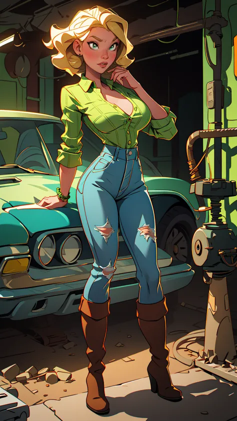 1 woman, blonde woman, curly hair , green eyes , sly face , green plaid shirt , big breasts, cowboy jeans, long legs ,  stretch ...