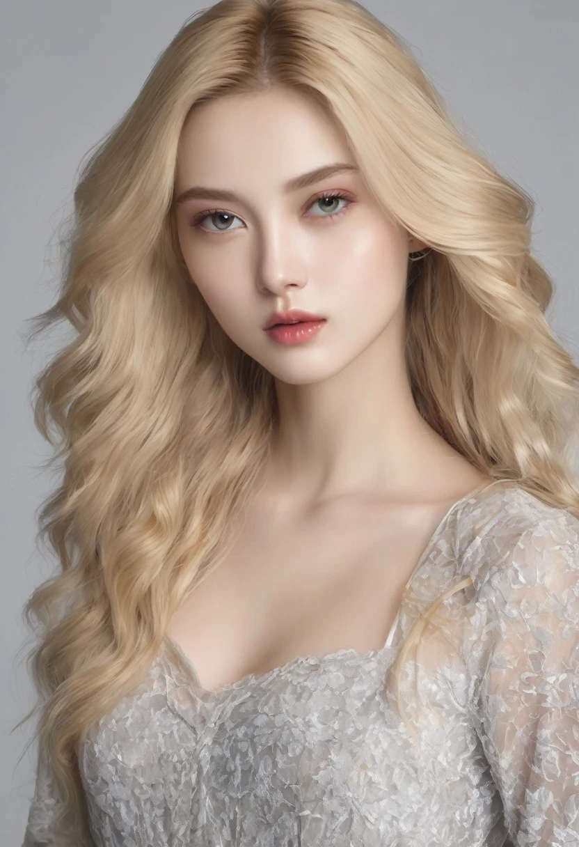 （（（European Caucasian Woman）））、（（（Mary, 1）））、one person、（Thin contours、grey Eye）、（Thin contours）、（Big Breasts:1.5）、Narrow waist、（（（White and translucent skin:1.3）））、Beautiful, shiny blonde medium-long hair、8-head-tall model style、Waist-down angle、Tokyo city、Full body focus