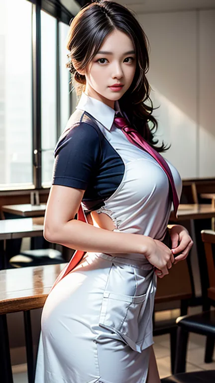 (8K, RAW Photos, 最high quality, masterpiece: 1.2), (Realistic, photoRealistic: 1.37), 1 A woman wearing a waitress uniform stand...