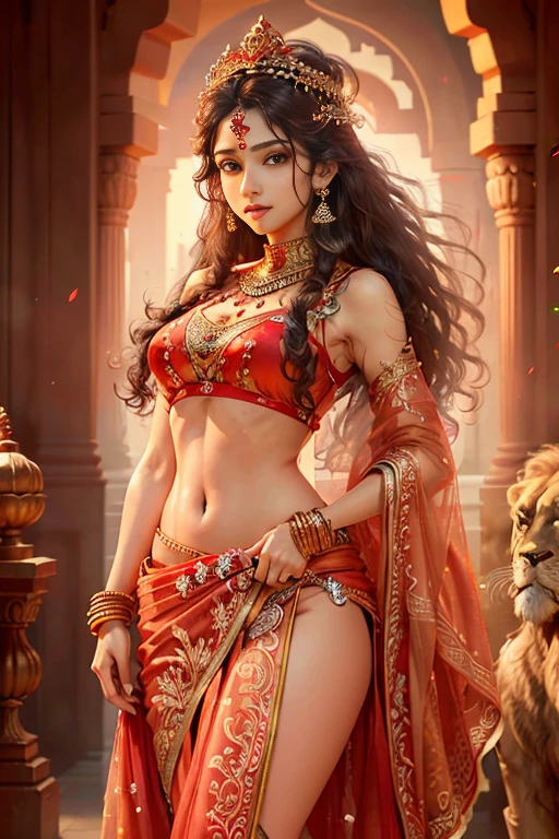 (highly detailed), (illustration), (intricate), (beautiful face), (attractive body), (complete body picture), modern indian goddess, Hinduism, (transparent red saree), dynamic pose, deity crown, (lion standing nearby), colorful, eye-catching, heavenly.