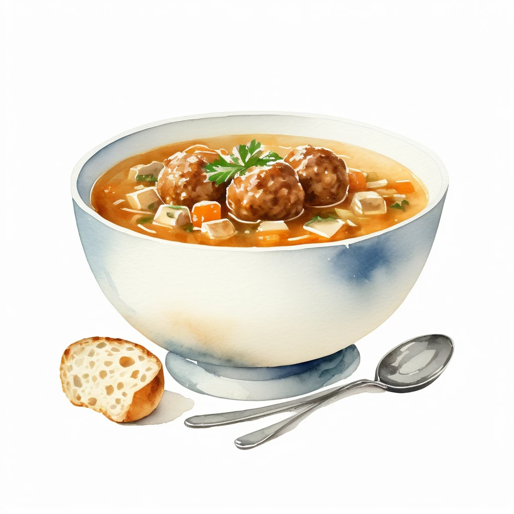 Une peinture vintage，Dessin d'un bol de soupe aux boulettes de viande((aquarelle)), fond blanc pur, composition centrale, Espace négatif autour des objets, couleurs fanées, Un chef-d&#39;œuvre minutieux, dessin lâche, clipart, Art vectoriel, illustration