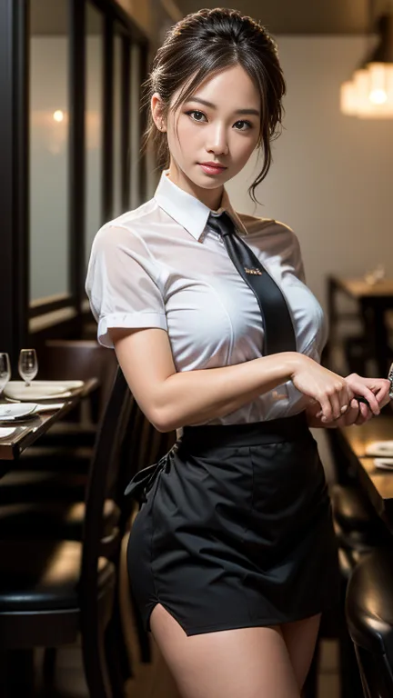 (8K, RAW Photos, 最high quality, masterpiece: 1.2), (Realistic, photoRealistic: 1.37), 1 A woman wearing a waitress uniform stand...