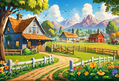 A small farm house (masterpiece best quality:1.2) delicate illustration ultra-detailed,  (disney-related event) out door farm,  ...