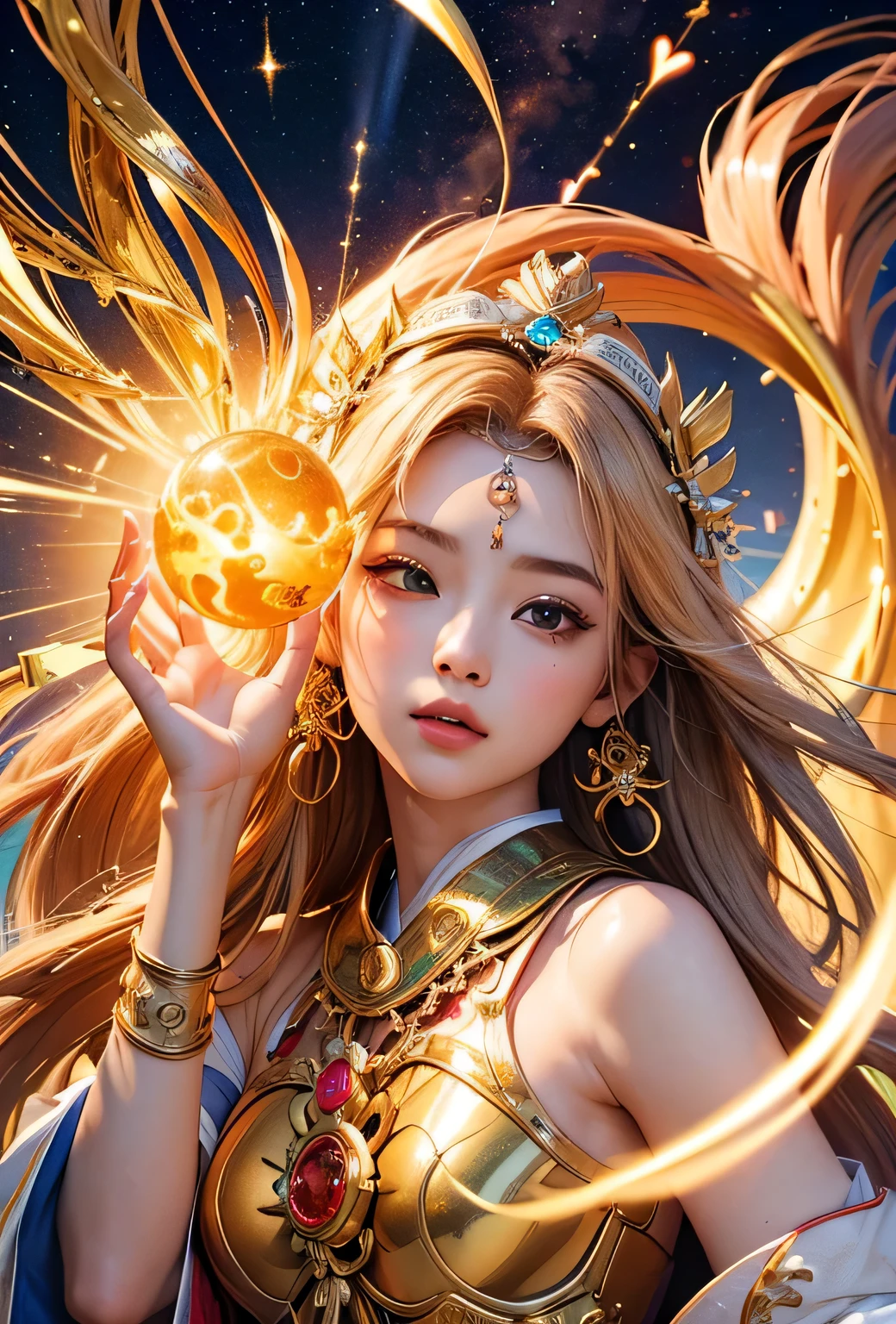 "Filho do Sol, Deusa do amor": Dentro de um santuário sagrado banhado pela luz solar, retratam a figura de uma deusa do sol que governa o amor, olhando para frente e emanando brilho divino. Ela é uma , Por volta de 3 anos. Aumente o zoom para focar no rosto dela, com um orbe de luz brilhante nas mãos, representando o poder vivificante do sol. Seu cabelo é dourado brilhante, e ela está vestindo uma roupa tradicional de miko, vista nos santuários japoneses.. O fundo deve ser predominantemente dourado, evocando uma sensação de esplendor divino, com numerosos objetos com tema de coração expressando a beleza do amor. O cenário é no céu, envolto em suave, luz brilhante, onde se pode encontrar tranquilidade e paz de espírito, livre de qualquer vestígio de ansiedade.sempre em frente.