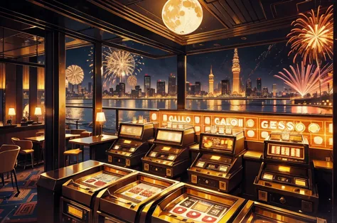 gold casino, night, downtown, HDR, 4k resolution, gold moon, firework, modern architecture, slot machine, indoor, gold light