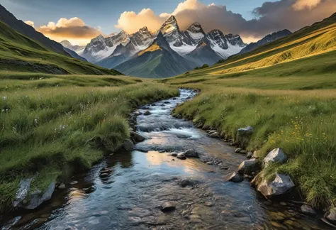 Swiss rural scenery photography，Distant Mountains，Clouds，Glow，A stream leads to the distance，Alone walking on the path，RAW，uhd，8...