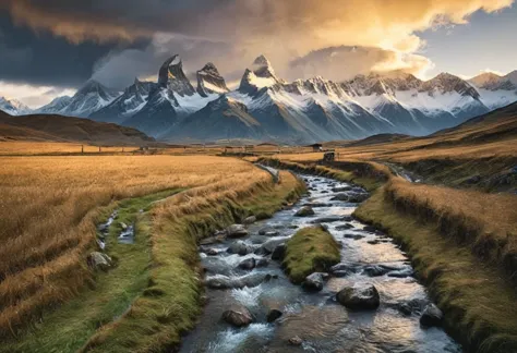 Swiss rural scenery photography，Distant Mountains，Clouds，Glow，A stream leads to the distance，Alone walking on the path，RAW，uhd，8...