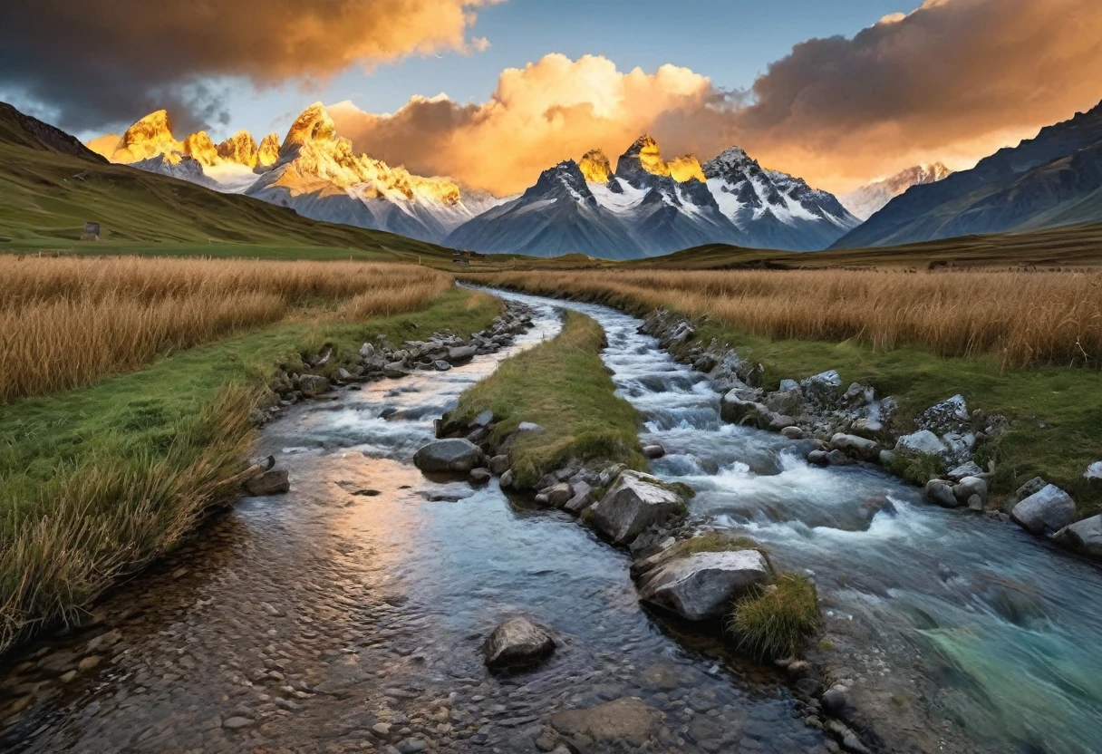 Swiss rural scenery photography，Distant Mountains，Clouds，Glow，A stream leads to the distance，Alone walking on the path，RAW，uhd，8K，Detailed Details，Best quality，Perfect color matching，Sense of atmosphere，Masterpieces shot by international photography masters，National Geographic Photography Award Winners