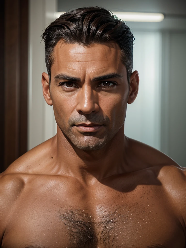 (best quality), 1boy, Male, mature male, 46 years old, miguel o'hara, tanned skin, dark brown hair, short hair, hair slicked back, strands over eye, slightly wavy hair, brown eyes, perfect eyes, supervillain costume, muscular, handsome, high cheekbones, strong jawline, masterpiece, anatomically correct, highres
