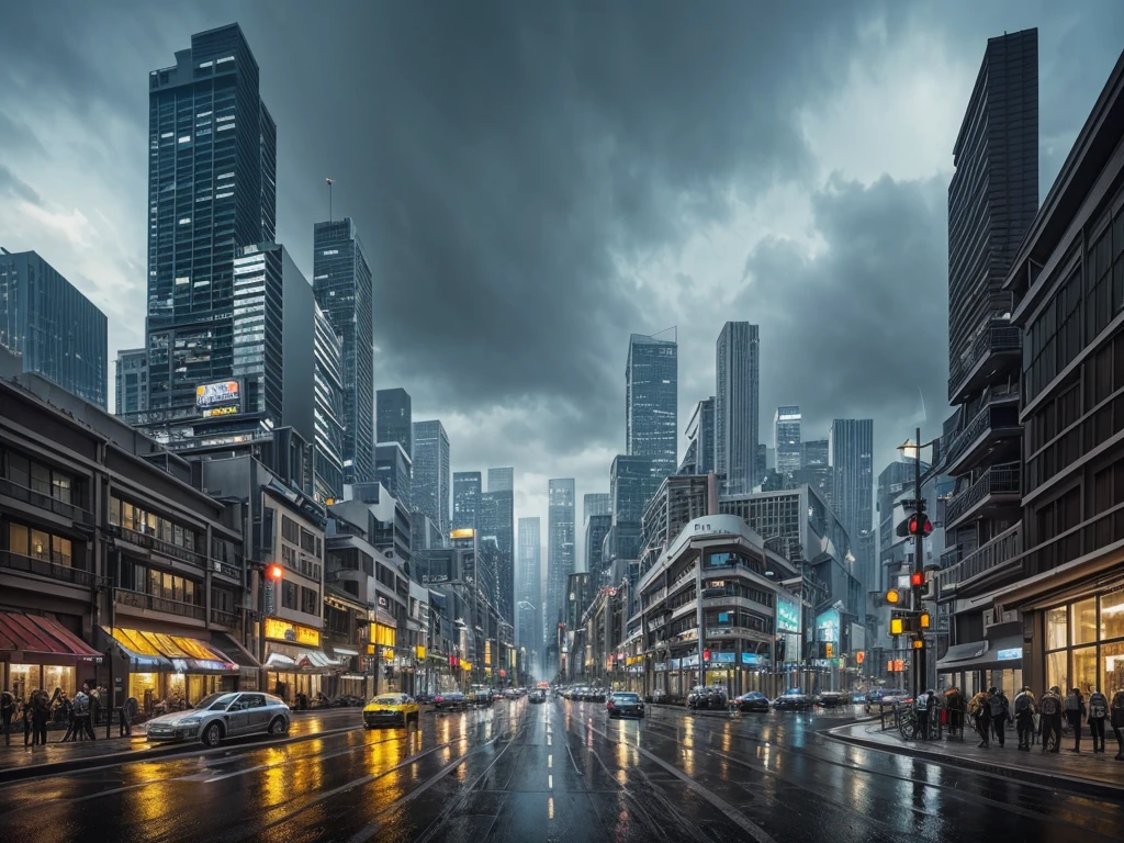 street of the city of los angeles that appears in apocalyptic blade runner, rainy and cyberpunk, with a futuristic and technological architecture in its metal and glass buildings, all full of imagination,science fiction and (intricate details of the machine).photorealistic image,maximum sharpness, 8k quality.(top quality masterpiece). 3D.