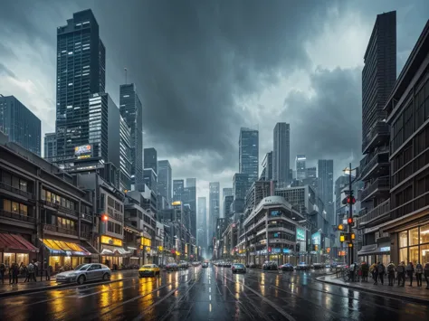 street of the city of los angeles that appears in apocalyptic blade runner, rainy and cyberpunk, with a futuristic and technolog...