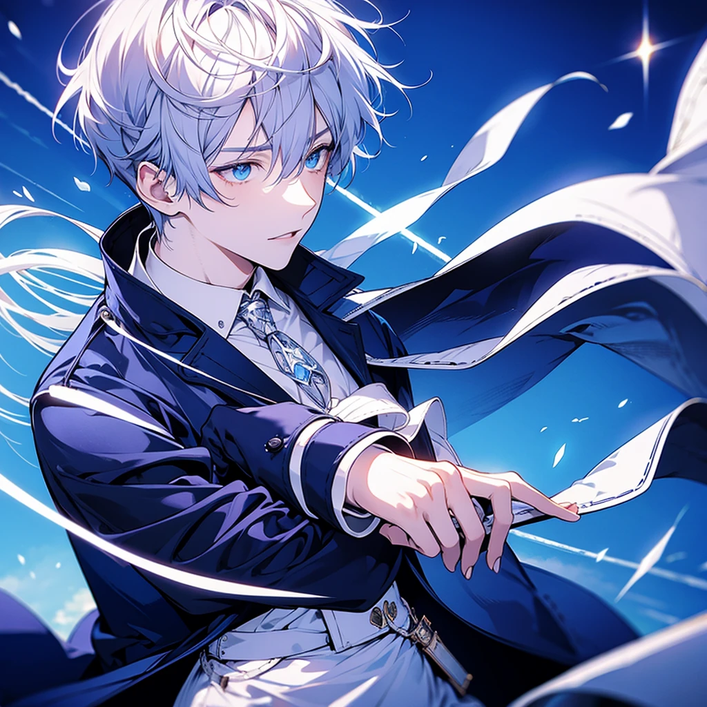 masterpiece , best quality , man , suit , White , ice , sword , anime , sky , glass , cool , king,